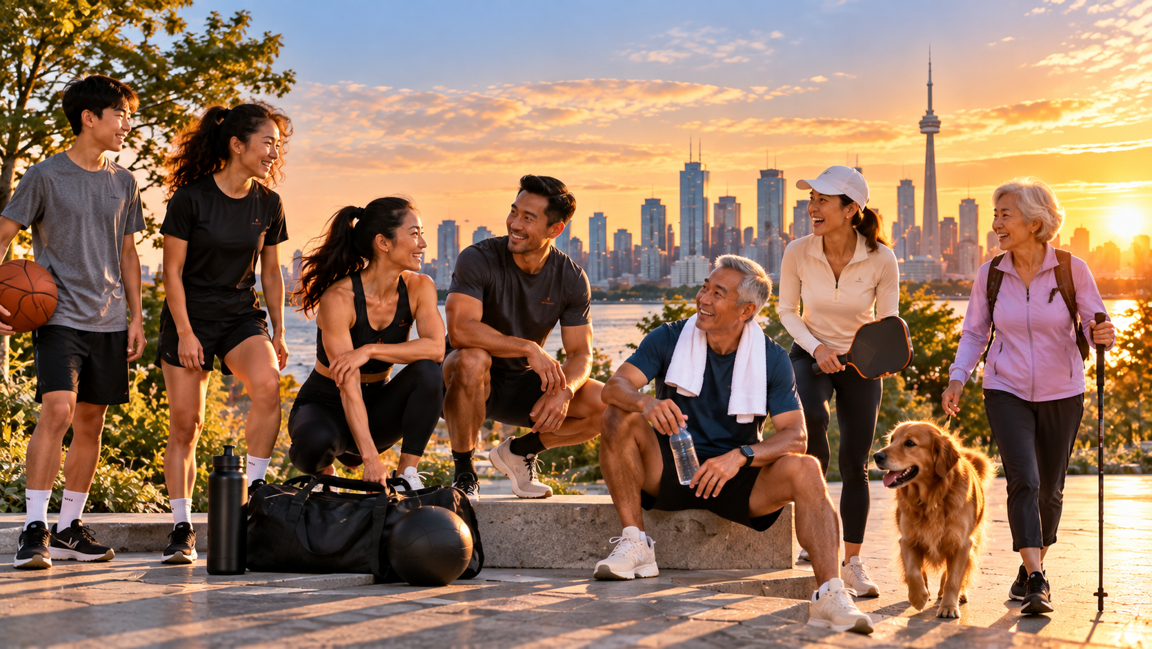 People of different ages enjoying an active day together by the Toronto waterfront