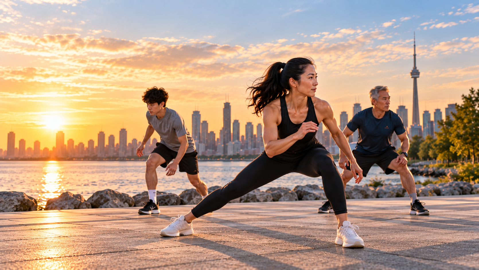 People training together beside the Toronto waterfront